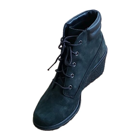 Timberland Amston Black Suede Wedge Heel Boots Womens Sz 7 Lace Up Ankle Booties - Picture 3 of 12